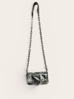 Authentic Tory Burch Metallic Silver Mini Robinson Chain Purse Crossbody Bag